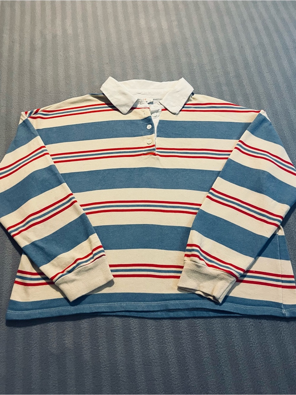URBAN Romantics Women's Striped V-Neck Rugby Top in Blue, Cream & Red